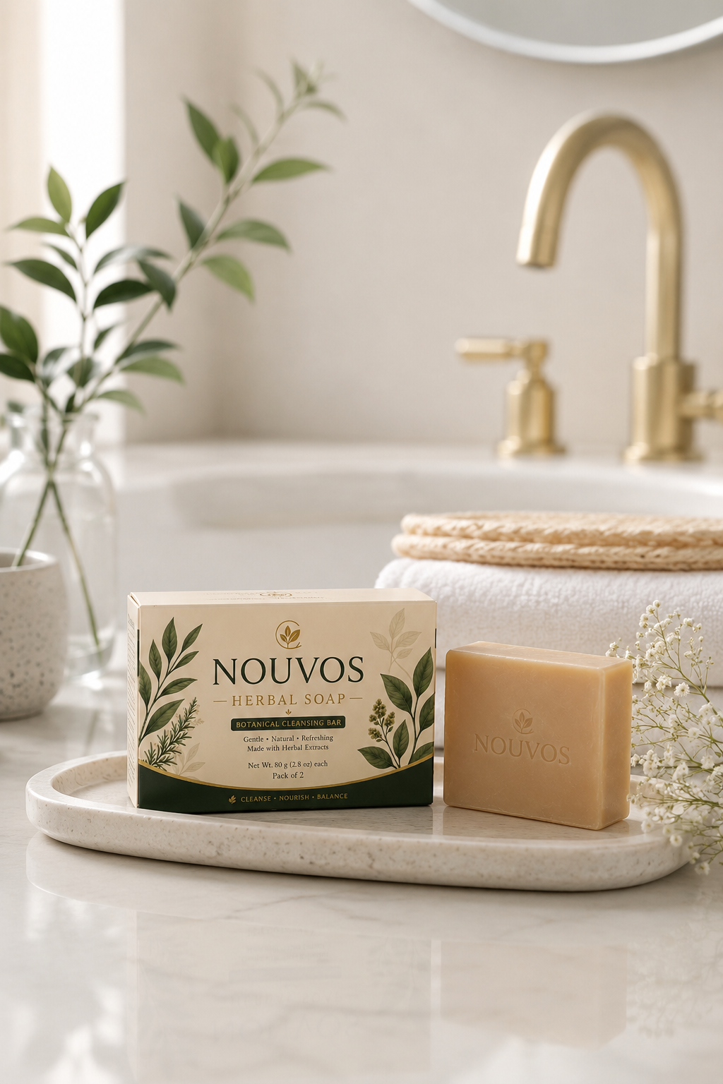 Nouvos Herbal Soap box open, showing the botanical cleansing bar