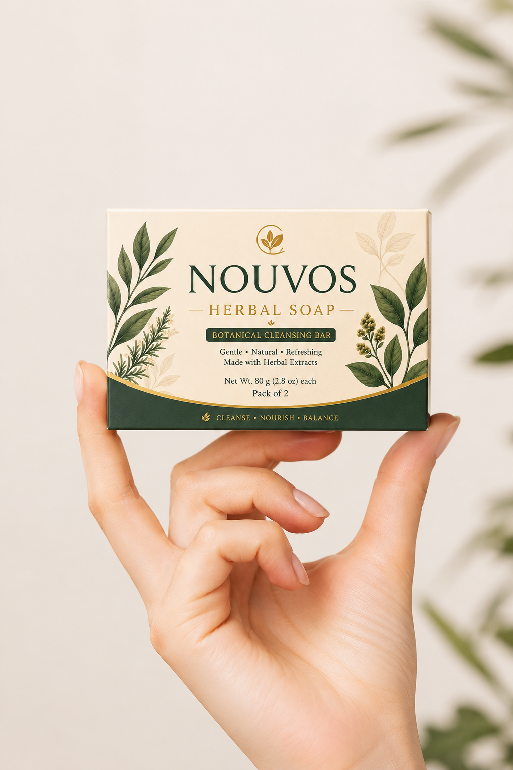 Nouvos Herbal Soap held in hand